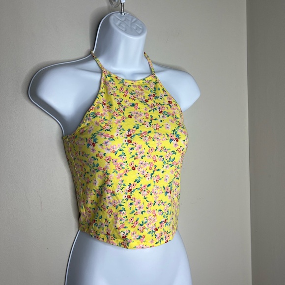 Forever 21 - yellow floral halter crop tank. Ties at neck. Small. - Picture 3 of 4